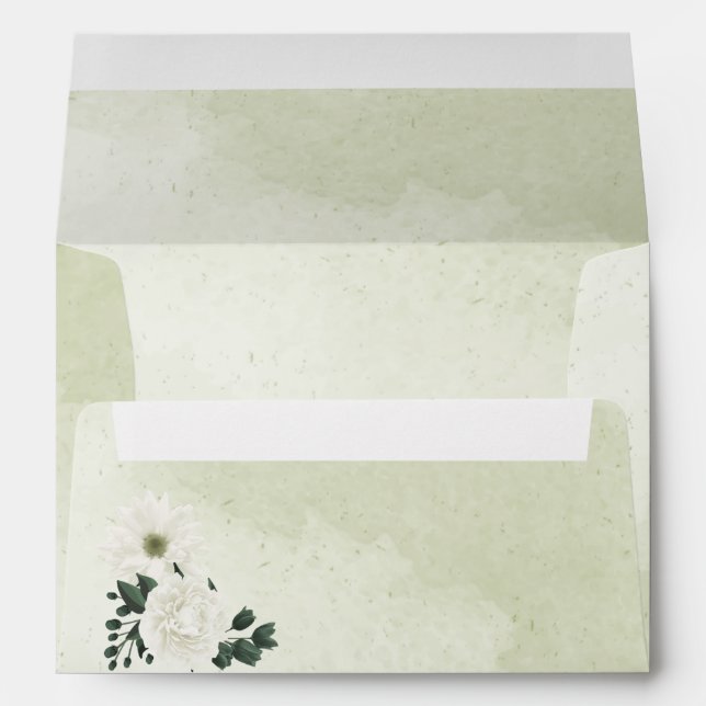 Enveloppe fleurs blanches romantiques vert feuille botanique (Dos (Bas))
