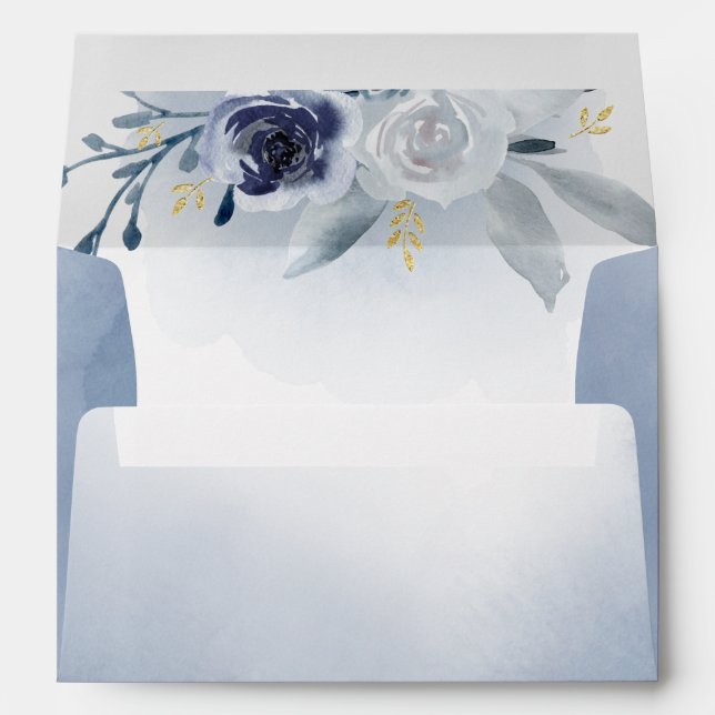 Enveloppe fleurs bleues et faux détails de feuille d'or (Dos (Bas))