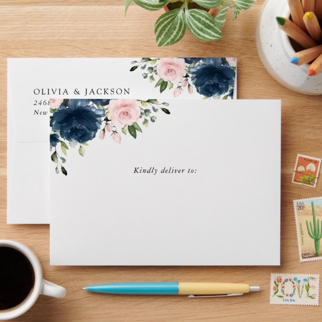 Enveloppe Fleurs Bleues Marine, Fleurs Roses, Mariage Floral (Desk)