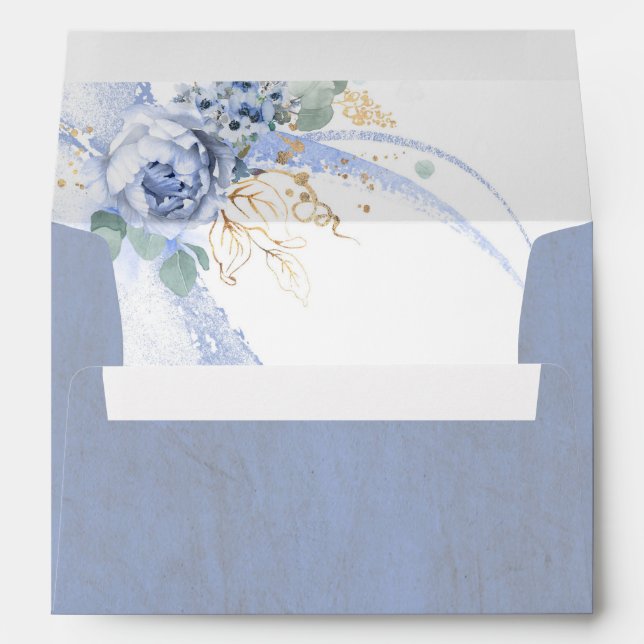 Enveloppe Fleurs bleues poussiéreuses et verdure dorée Éléga (Dos (Bas))