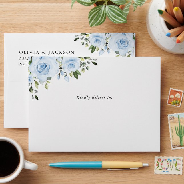 Enveloppe Fleurs bleues poussiéreuses, Verdure, Boho, Mariag (Desk)