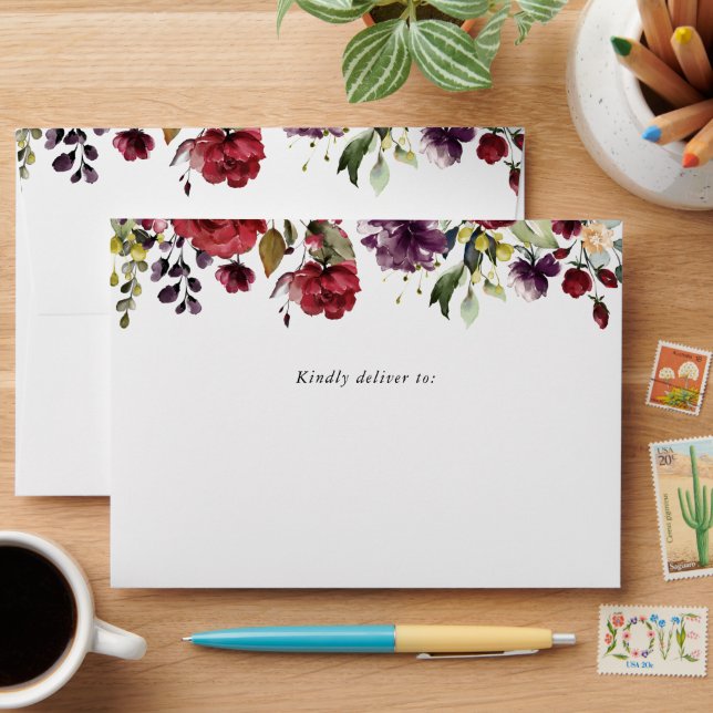 Enveloppe Fleurs Bourgogne, Fleurs roses, Verdure, Mariage (Desk)