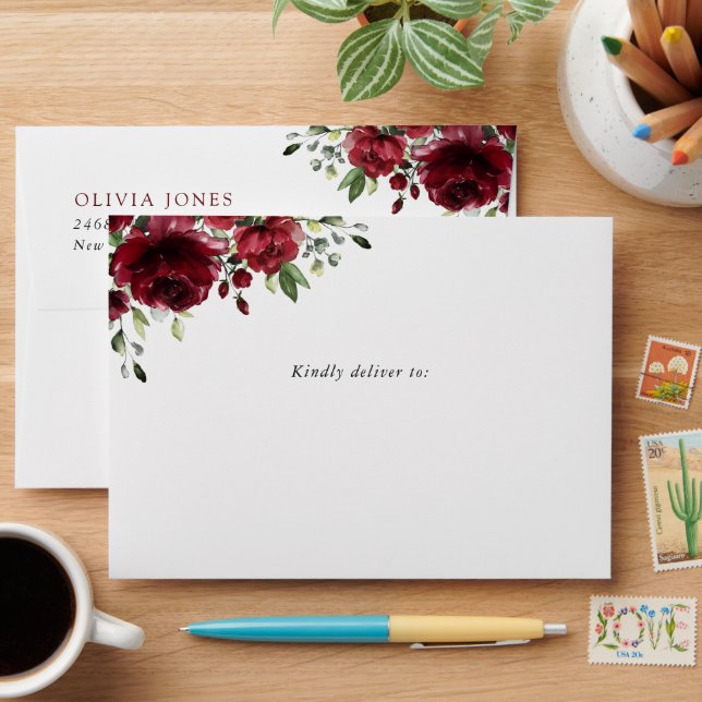 Enveloppe Fleurs Bourgogne, Fleurs Rouges, Verdure, Annivers (Desk)