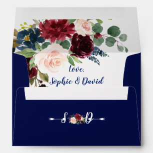 Enveloppe Fleurs Bourgogne Rustique Mariage bleu marine