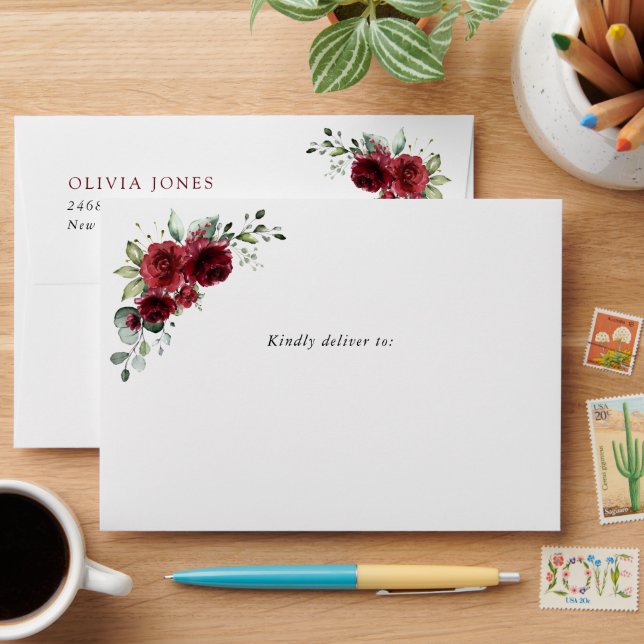 Enveloppe Fleurs Bourgognes, Fleurs Rouges, Boho, Anniversai (Desk)