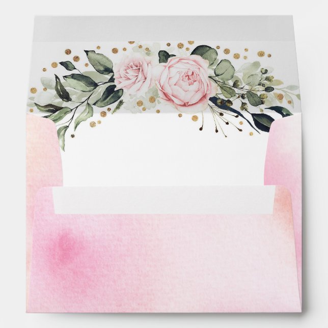 Enveloppe Fleurs d'aquarelle rose pâle et Confetti or (Dos (Bas))