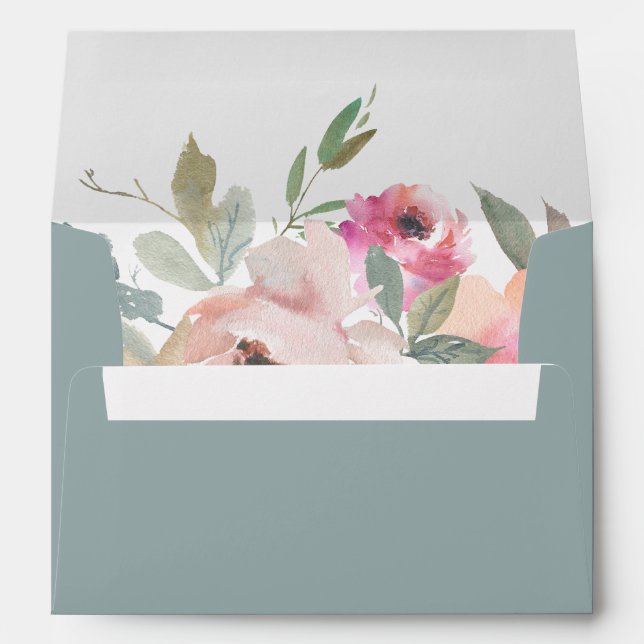 Enveloppe Fleurs de cottage romantiques blush bleu sage (Dos (Bas))