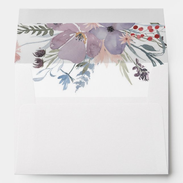 Enveloppe Fleurs de jardin pourpres. Aquarelle mariage (Dos (Bas))