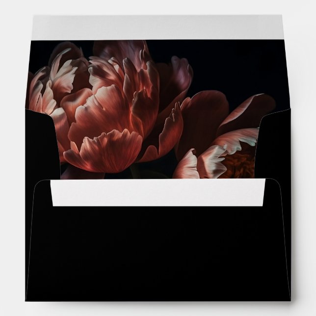 Enveloppe Fleurs de pivoine florale foncée Peinture Mariage  (Dos (Bas))