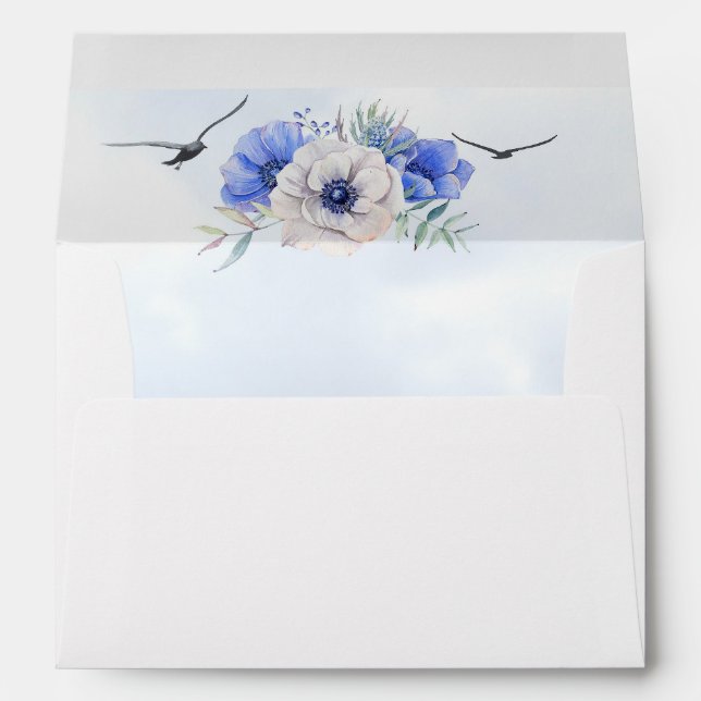 Enveloppe Fleurs de plage bleues et oiseaux marins (Dos (Bas))