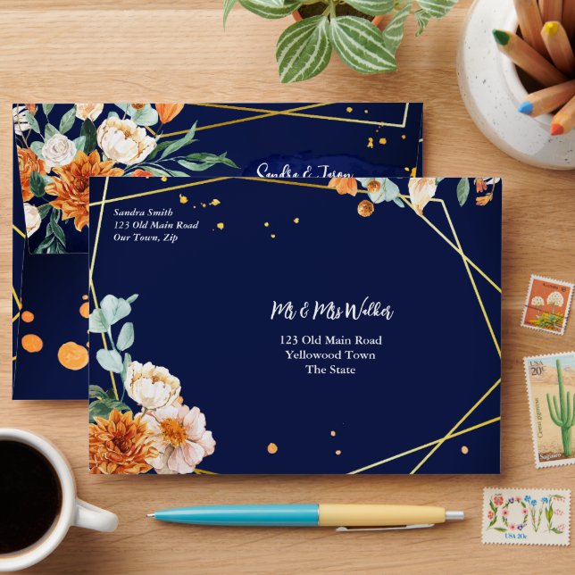 Enveloppe Fleurs de sauge bleu orange bleu marine assorti 5x (Desk)