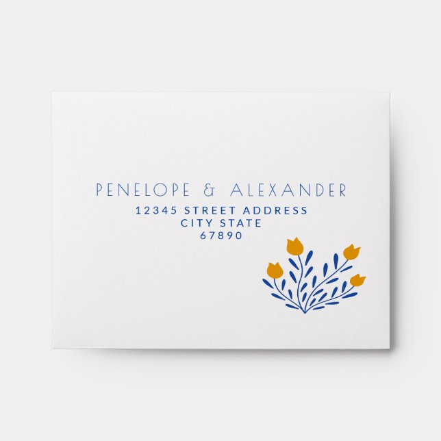 Enveloppe Fleurs folk Scandi en RSV Mariage bleu et jaune (Devant)