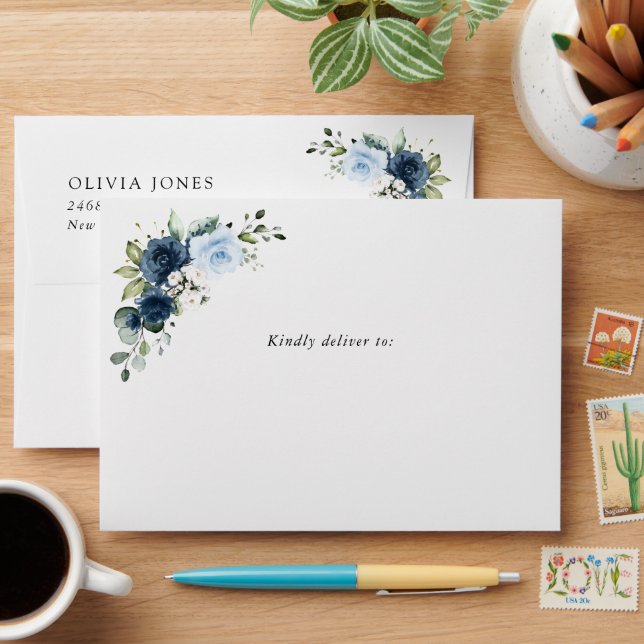 Enveloppe Fleurs marines, Fleurs bleues, Verdure, Baby showe (Desk)