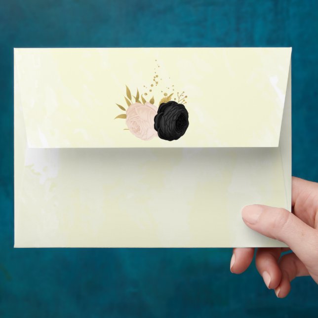 Enveloppe fleurs noires et roses or mariage botanique (Hand)