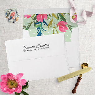 Enveloppe Fleurs roses chic aquarelle menthe et points blanc