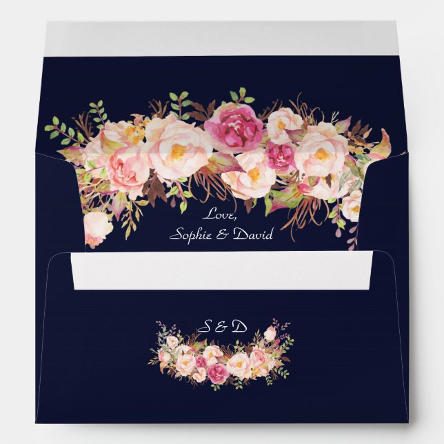 Enveloppe Fleurs roses de charme Mariage bleu marine (Dos (Bas))