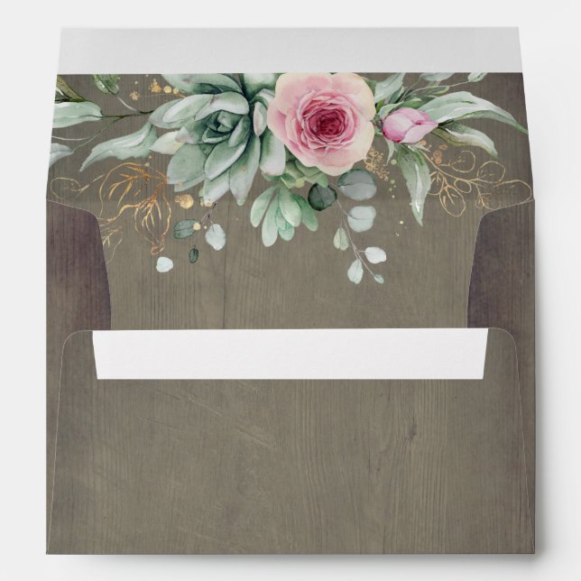 Enveloppe Fleurs roses et succulents Bois rustique (Dos (Bas))