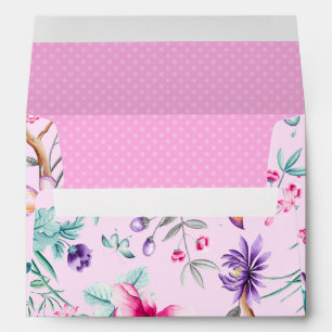 Enveloppe Fleurs roses et violettes   Linge pointillé rose