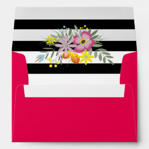 Enveloppe Fleurs roses noir blanc rayures mariage