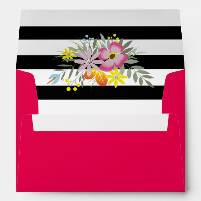 Enveloppe Fleurs roses noir blanc rayures mariage (Dos (Bas))