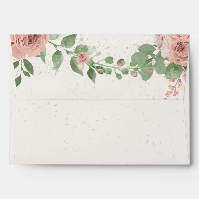 Enveloppe fleurs roses rousses verdure mariage botanique (Dos (Haut rabat))