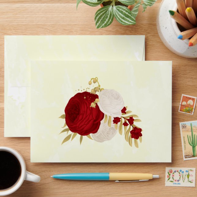 Enveloppe fleurs rouges et blanches or mariage botanique (Desk)