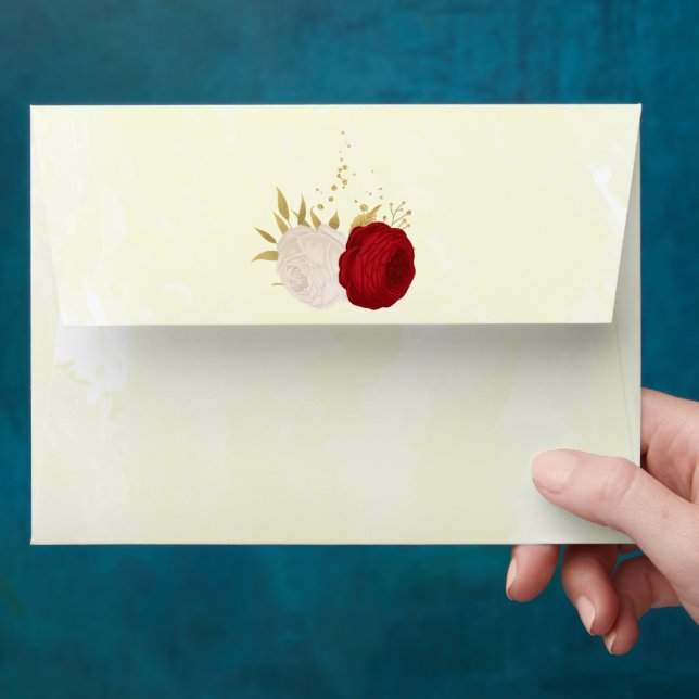 Enveloppe fleurs rouges et blanches or mariage botanique (Hand)