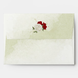 Enveloppe fleurs rouges vert feuille mariage