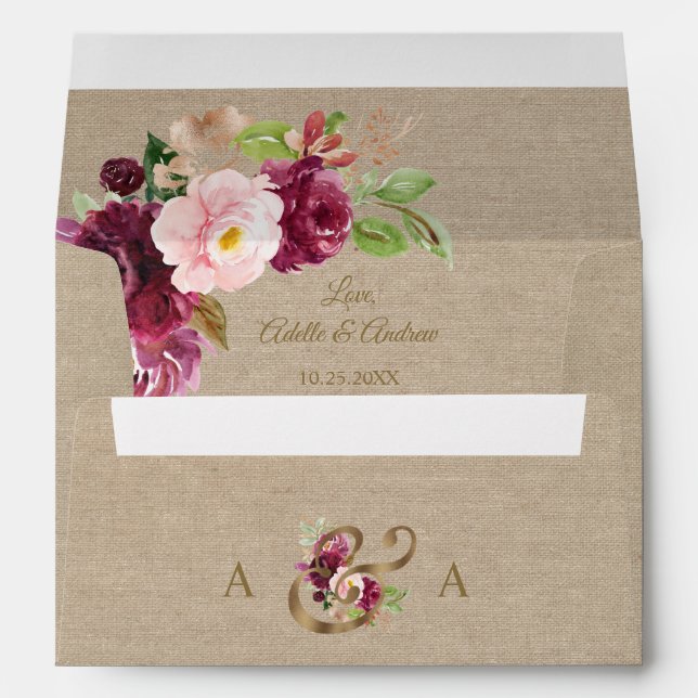 Enveloppe Fleurs safran toile lin Mariage Monogramme (Dos (Bas))
