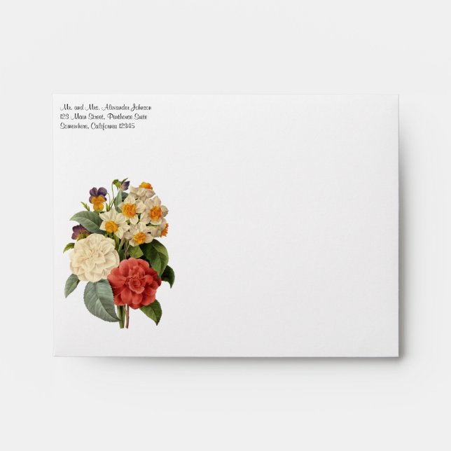 Enveloppe Fleurs vintages, Camellias et Narcisse, Redoute (Devant)