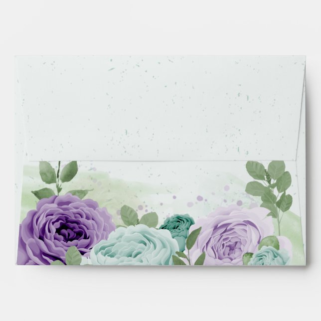 Enveloppe fleurs violettes bleues verdure mariage botanique (Dos (Haut rabat))