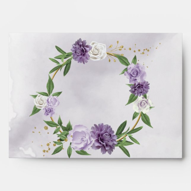Enveloppe fleurs violettes et blanches verdure mariage de co (Devant)
