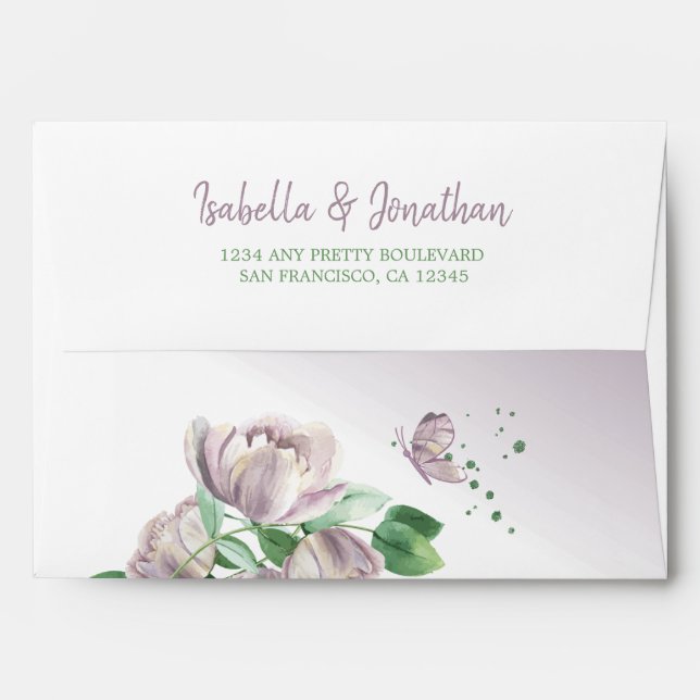 Enveloppe fleurs violettes vert feuille mariage (Dos (Haut rabat))