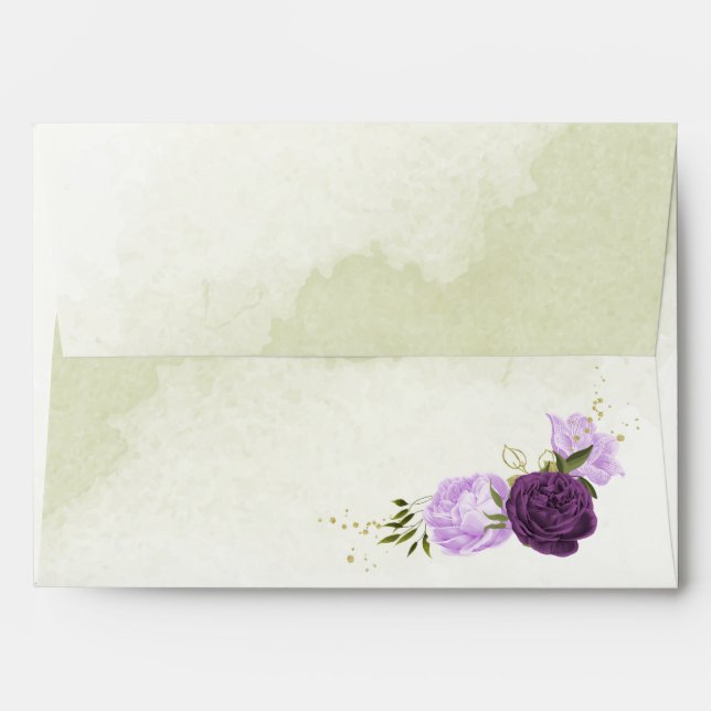 Enveloppe fleurs violettes vert feuille mariage (Dos (Haut rabat))