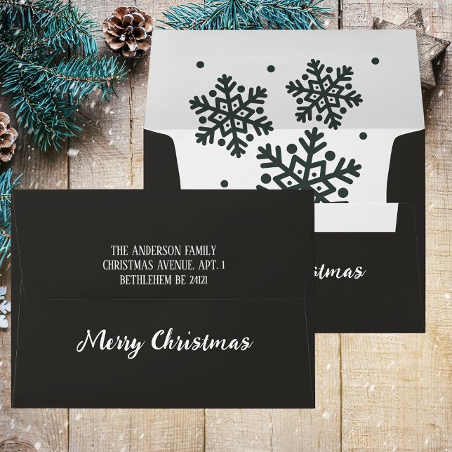 Enveloppe Flocon de neige noir & blanc Élégant Joyeux Noël (Elegant Black and White Simple Minimalistic Modern Script Merry Christmas Return Address Envelope)