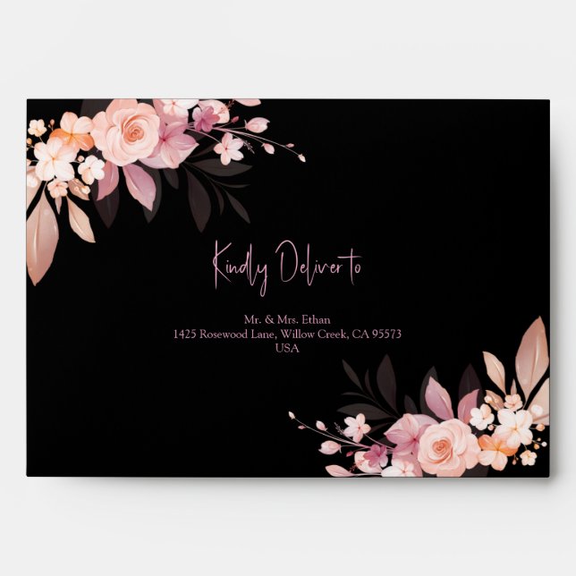 Enveloppe Floral Black & Blush Rose Wedding  (Devant)