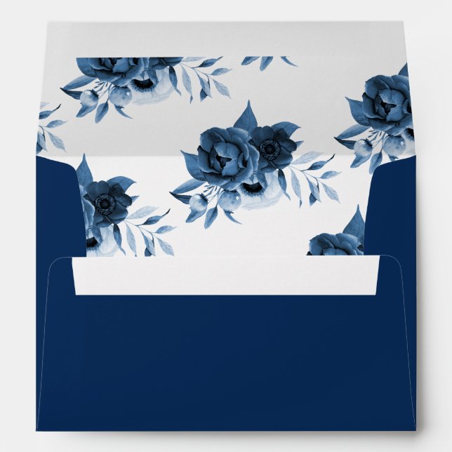 Enveloppe Floral bleu marine fleurs blanches mariage (Dos (Bas))