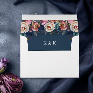 Enveloppe Floral Dusty Rose Mauve Navy Mariage bleu