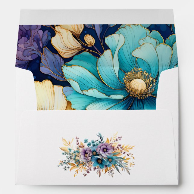 Enveloppe Floral turquoise, pourpre et or (Dos (Bas))