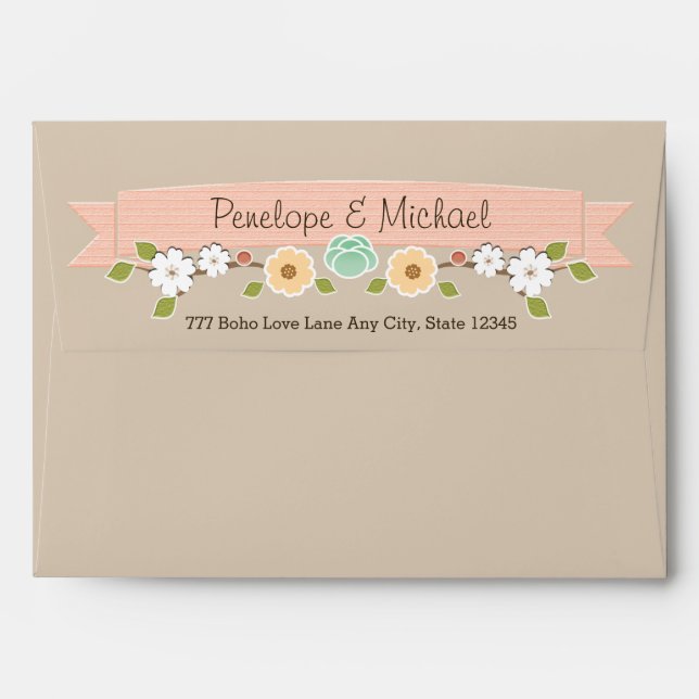 Enveloppe florale rousse Boho A7 5 po x7 po Khaki (Dos (Haut rabat))