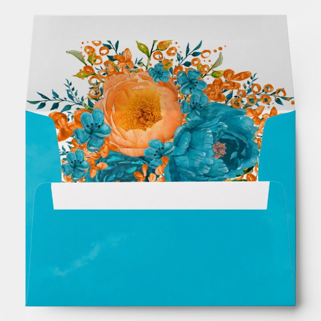 Enveloppe Florales peintes turquoises et orange Mariage Pers (Dos (Bas))