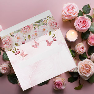 Enveloppe Flore rose et papillons Marbre rose