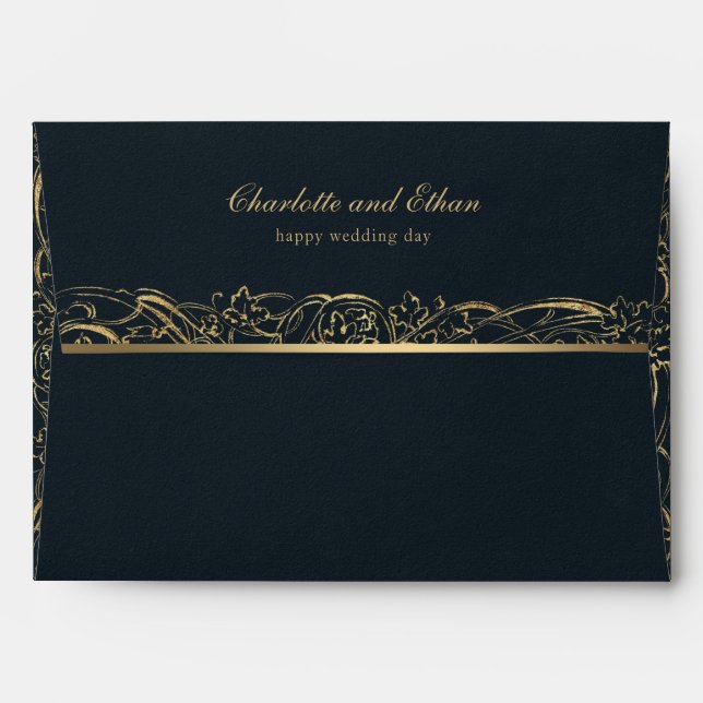 Enveloppe Gold & Black Baroque Border Wedding Envelope (Dos (Haut rabat))