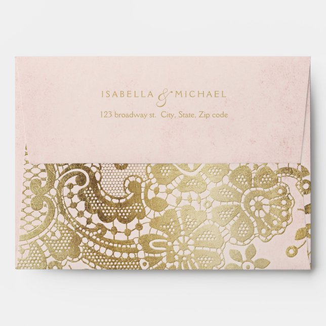 Enveloppe Gold blush elegant lace wedding return address (Dos (Haut rabat))