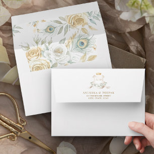 Enveloppe Gold Crest Royal Peacock Feathers Floral Mariage