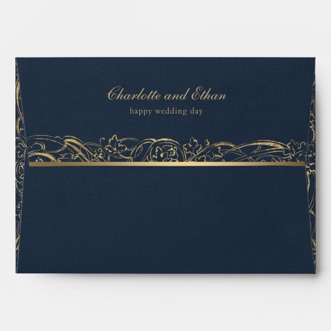 Enveloppe Gold & Dark Blue Baroque Border Wedding Envelope (Dos (Haut rabat))