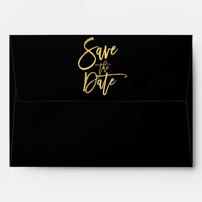 Enveloppe Gold Foil Modern Script Enregistrer la date (Dos (Haut rabat))