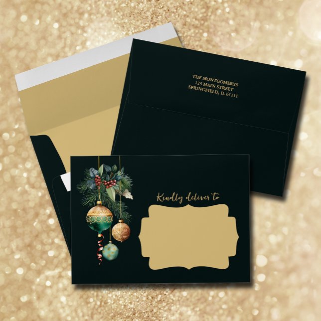 Enveloppe Gold Green Christmas Tree Ornaments (Gold and green Christmas tree ornaments holiday black envelopes, FREE return address on the back)
