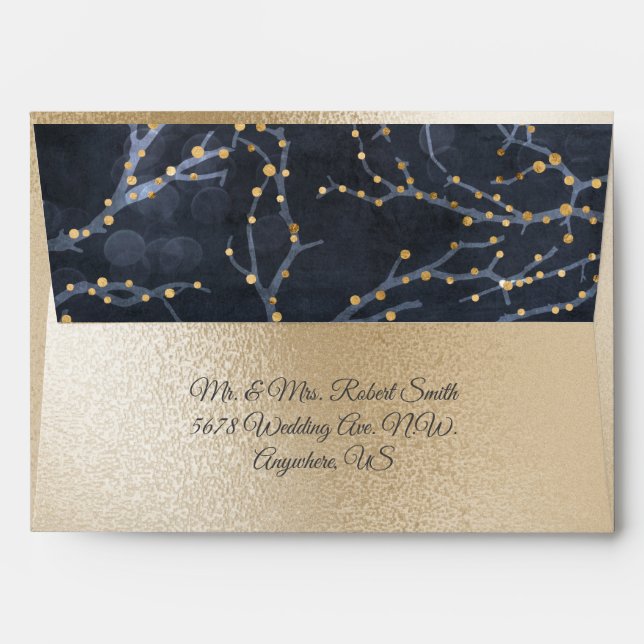 Enveloppe Gold Metallic Blue Fairy Branches Mariage (Dos (Haut rabat))