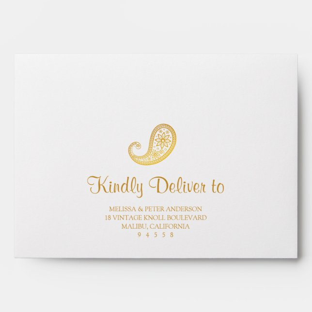 Enveloppe Gold Paisley Mariage indien Adresse de retour (Devant)